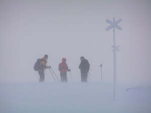 Skidåkare snöstorm